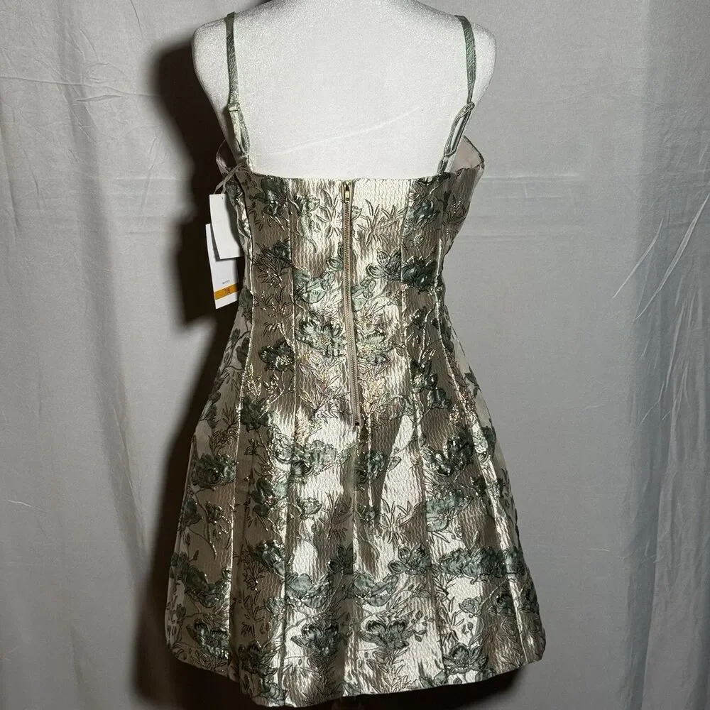 NWT Violet Weekend Floral Jacquard Mini Dress Gold Green Fit Flare Size 7/8